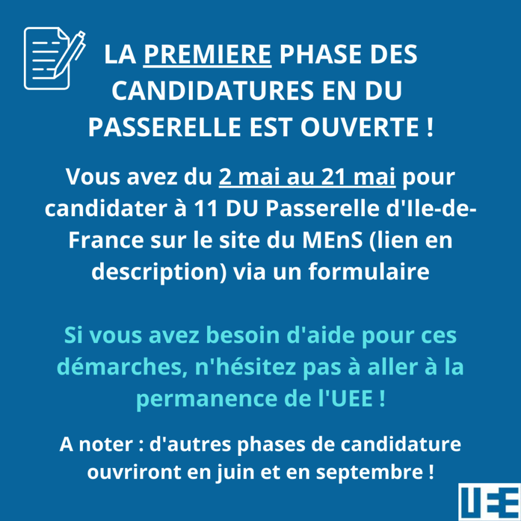 Candidatures DU Passerelle Ile de France : début de la première phase de candidature